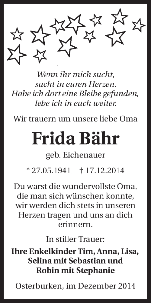  Traueranzeige für Frida Bähr vom 20.12.2014 aus 