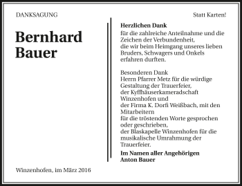 Traueranzeige von Bernhard Bauer 