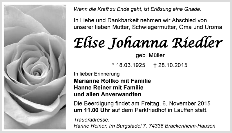  Traueranzeige für Elise Johanna Riedler vom 04.11.2015 aus 