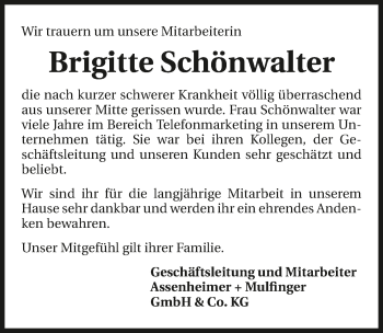 Traueranzeige von Brigitte Schönwalter 