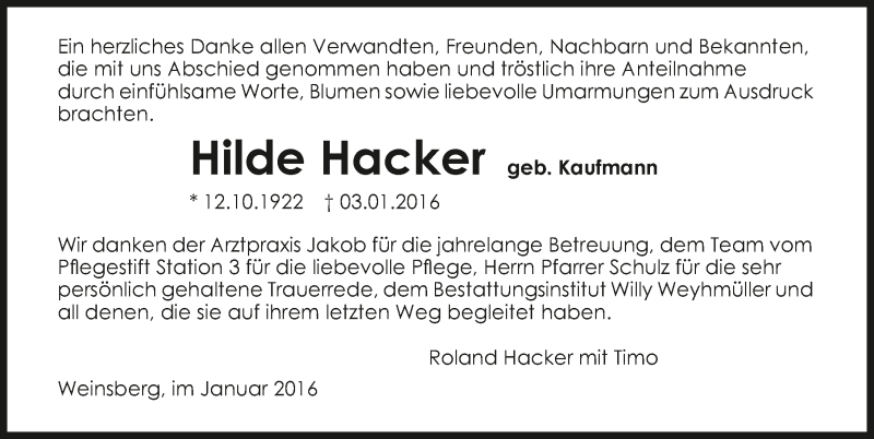  Traueranzeige für Hilde Hacker vom 13.01.2016 aus 