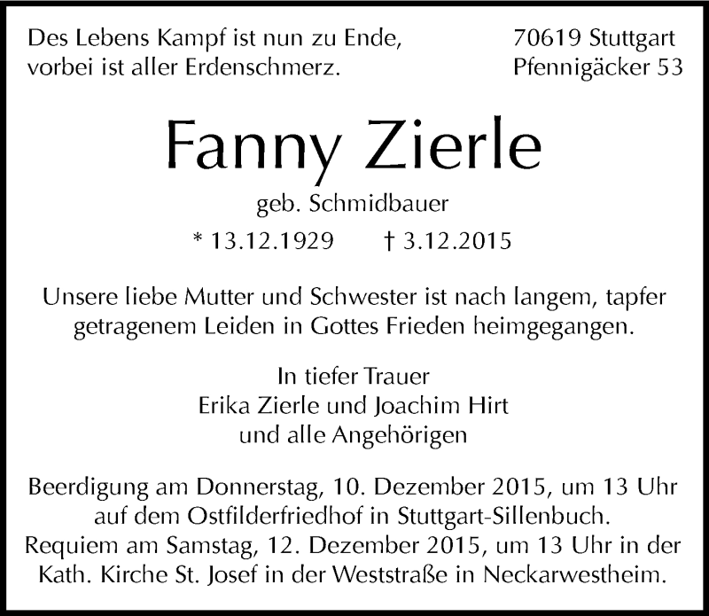  Traueranzeige für Fanny Zierle vom 08.12.2015 aus 