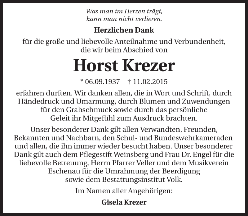  Traueranzeige für Horst Krezer vom 24.02.2015 aus 