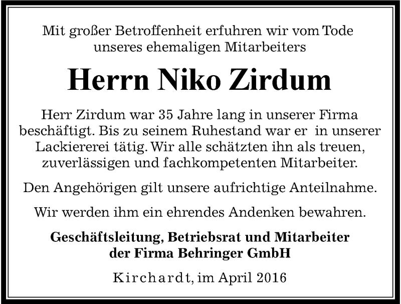  Traueranzeige für Niko Zirdum vom 07.04.2016 aus 