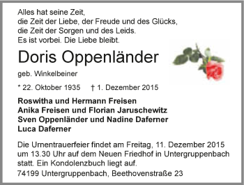 Traueranzeige von Doris Oppenländer 
