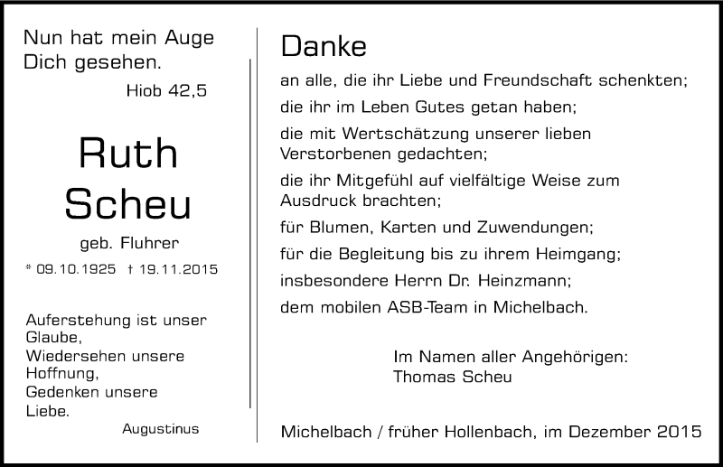  Traueranzeige für Ruth Scheu vom 12.12.2015 aus 