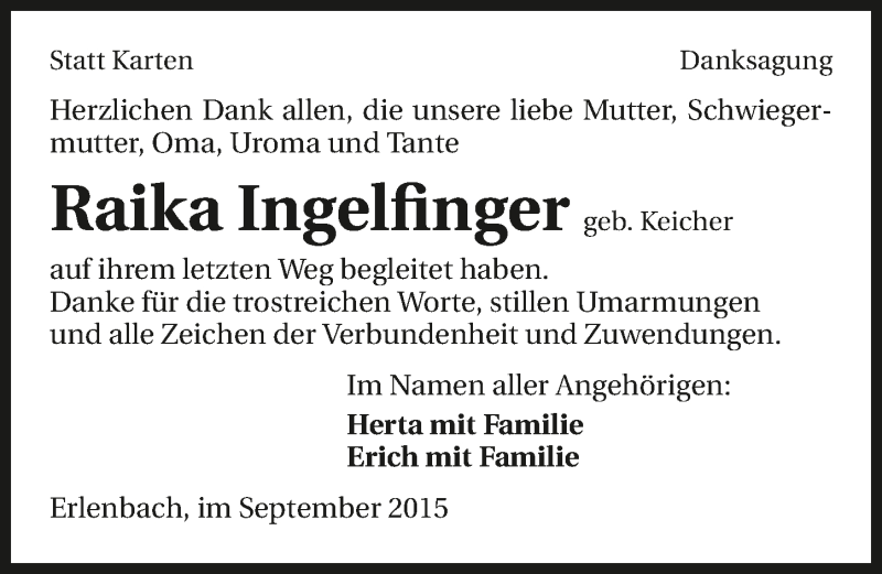  Traueranzeige für Raika Ingelfinger vom 19.09.2015 aus 