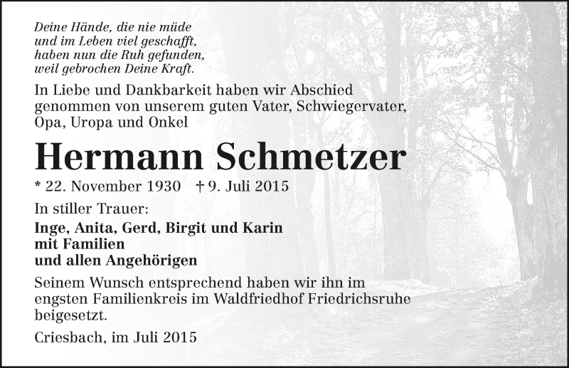  Traueranzeige für Hermann Schmetzer vom 23.07.2015 aus 