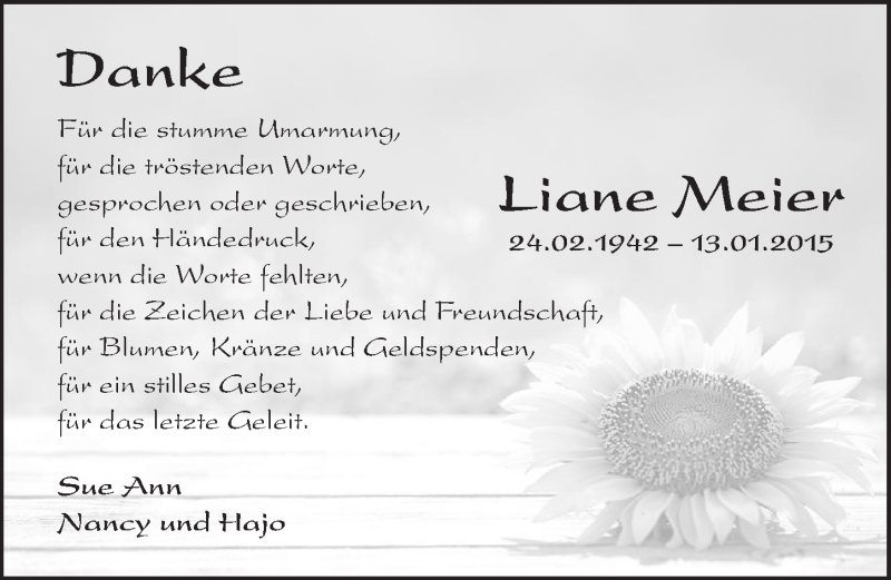  Traueranzeige für Liane Meier vom 13.02.2015 aus 