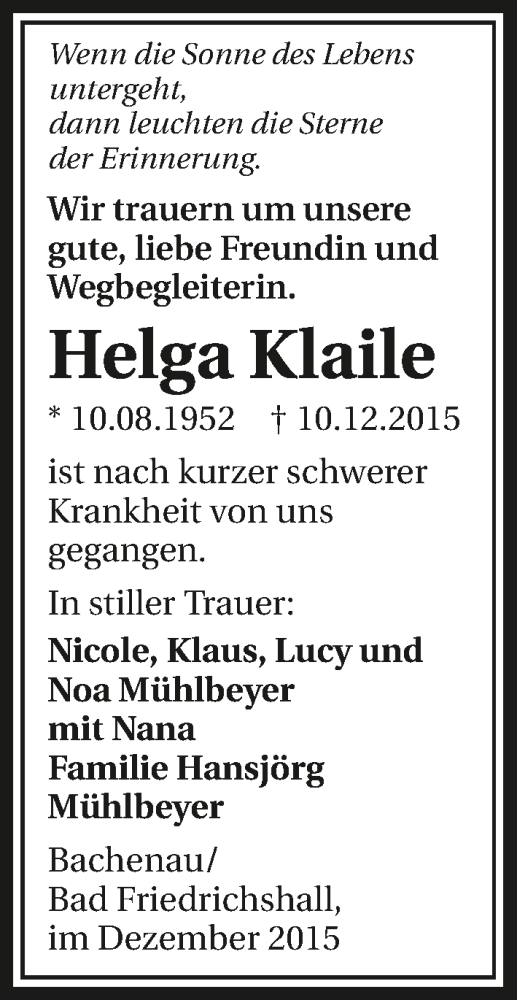  Traueranzeige für Helga Klaile vom 14.12.2015 aus 