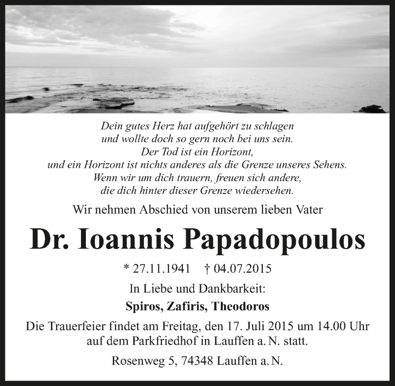  Traueranzeige für Ioannis Papadopoulos vom 15.07.2015 aus 