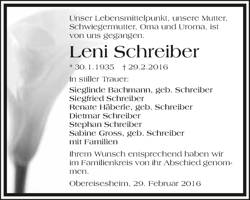  Traueranzeige für Leni Schreiber vom 05.03.2016 aus 
