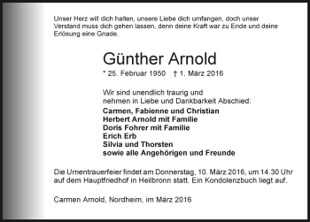 Traueranzeige von Günther Arnold 