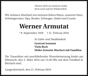 Traueranzeige von Werner Armutat 