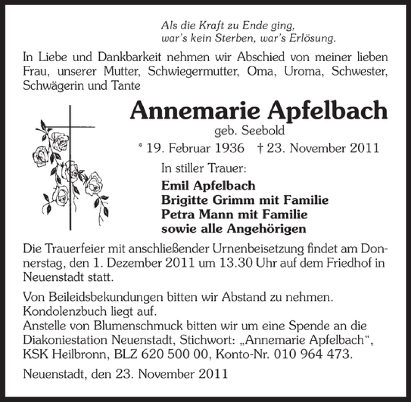  Traueranzeige für Anemarie Apfelbach vom 29.11.2011 aus 