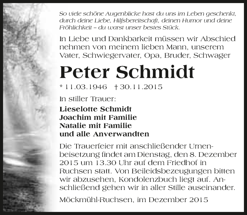 Traueranzeige für Peter Schmidt vom 05.12.2015 aus 