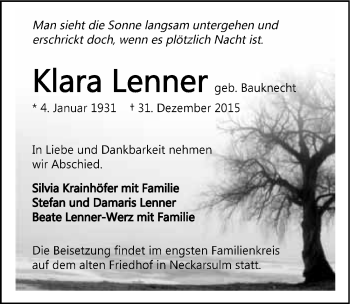Traueranzeige von Klara Lenner 