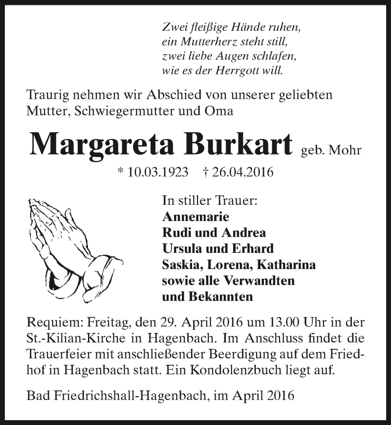  Traueranzeige für Margareta Burkart vom 28.04.2016 aus 