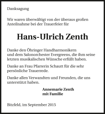 Traueranzeige von Hans-Ulrich Zenth 