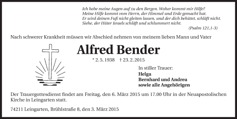  Traueranzeige für Alfred Bender vom 03.03.2015 aus 