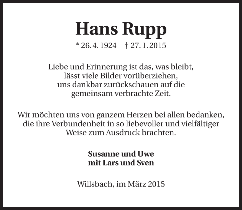  Traueranzeige für Hans Rupp vom 14.03.2015 aus 