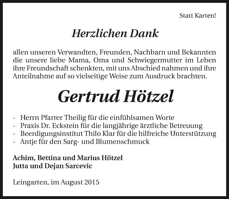  Traueranzeige für Gertrud Hötzel vom 08.08.2015 aus 