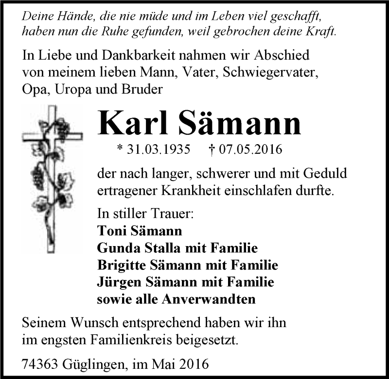  Traueranzeige für Karl Sämann vom 13.05.2016 aus 