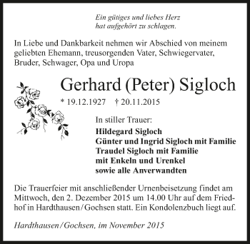 Traueranzeige von Gerhard Sigloch 