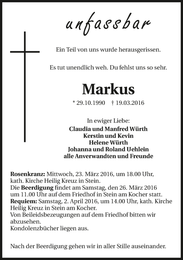  Traueranzeige für Markus Würth vom 22.03.2016 aus 