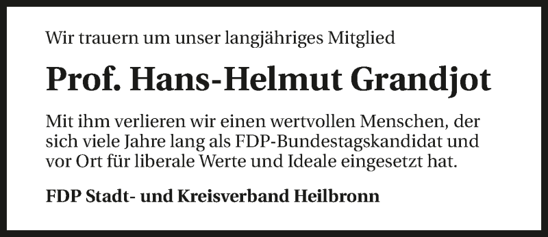 Traueranzeige für Hans-Helmut Grandjot vom 15.04.2016 aus 