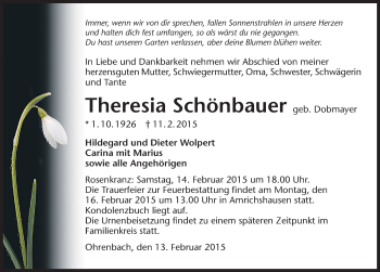 Traueranzeige von Theresia Schönbauer 