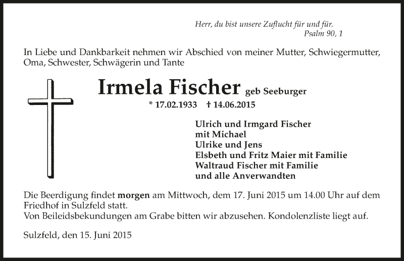  Traueranzeige für Irmela Fischer vom 16.06.2015 aus 