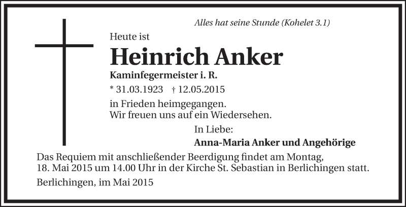  Traueranzeige für Heinrich Anker vom 15.05.2015 aus 