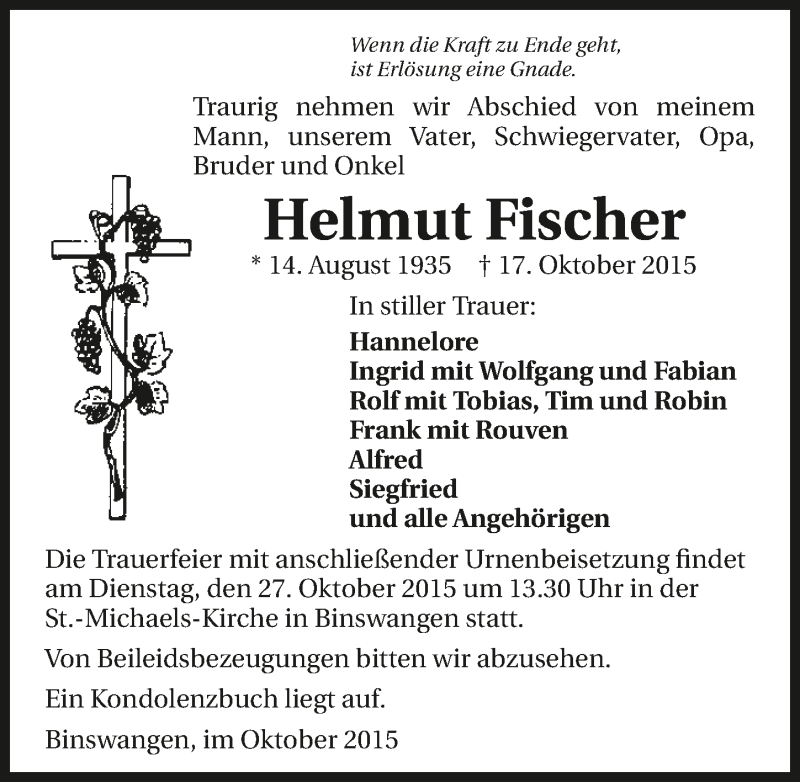  Traueranzeige für Helmut Fischer vom 23.10.2015 aus 