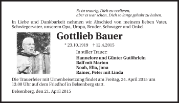 Traueranzeige von Gottlieb Bauer 