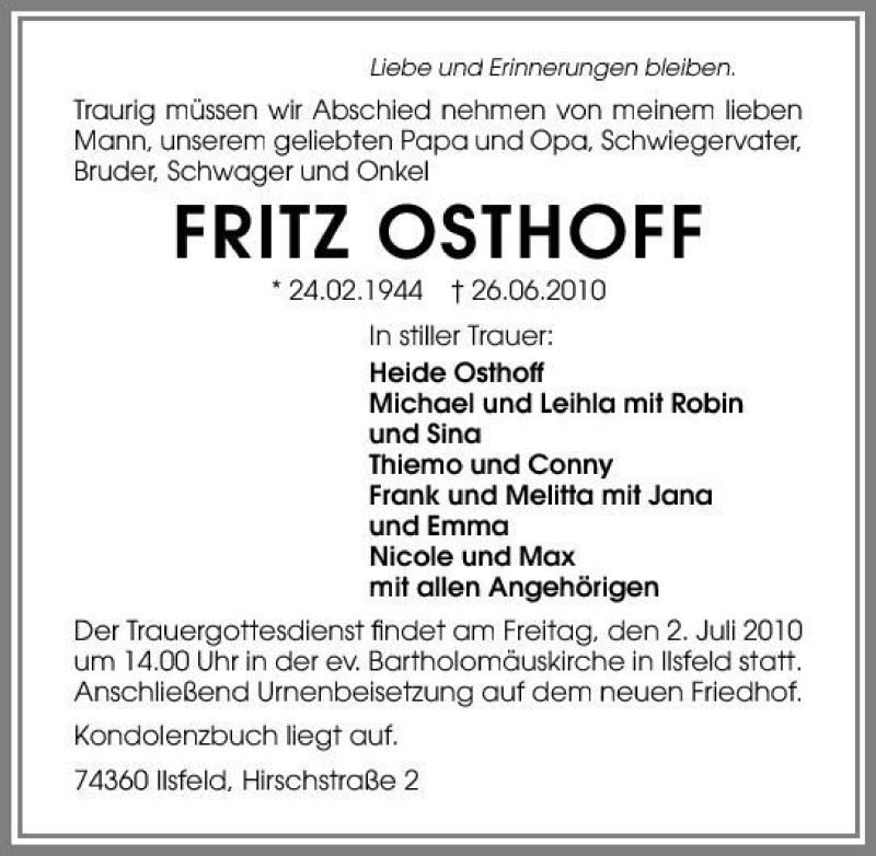  Traueranzeige für Fritz Osthoff vom 30.06.2010 aus 