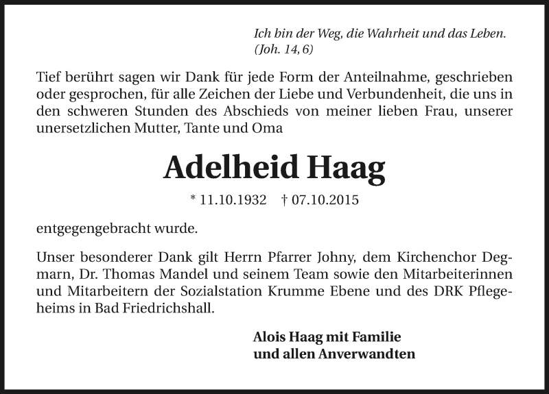  Traueranzeige für Adelheid Haag vom 31.10.2015 aus 