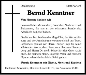 Traueranzeige von Bernd Kenntner 