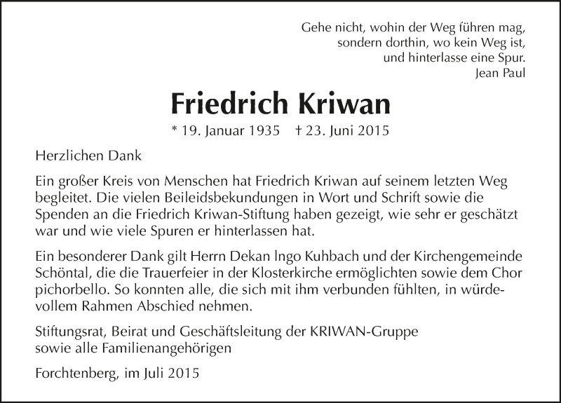  Traueranzeige für Friedrich Kriwan vom 08.08.2015 aus 