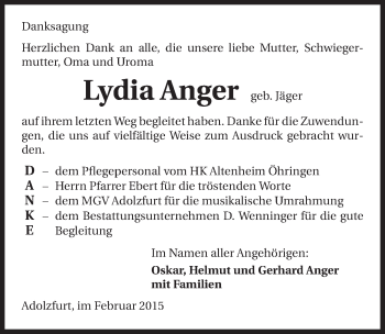 Traueranzeige von Lydia Anger 