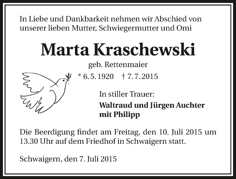  Traueranzeige für Marta Kraschewski vom 09.07.2015 aus 