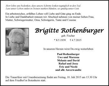 Traueranzeige von Brigitte Rothenburger 