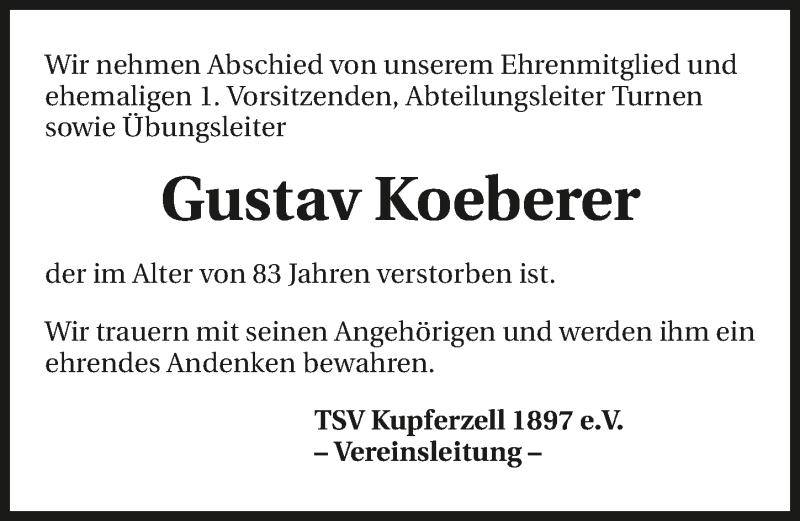  Traueranzeige für Gustav Koeberer vom 11.04.2016 aus 