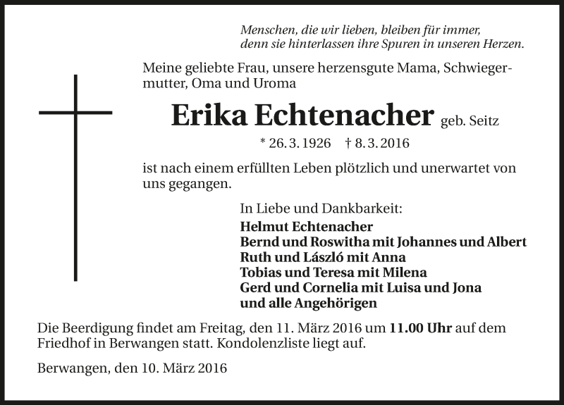  Traueranzeige für Erika Echtenacher vom 10.03.2016 aus 