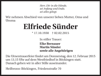 Traueranzeige von Elfriede Sünder 