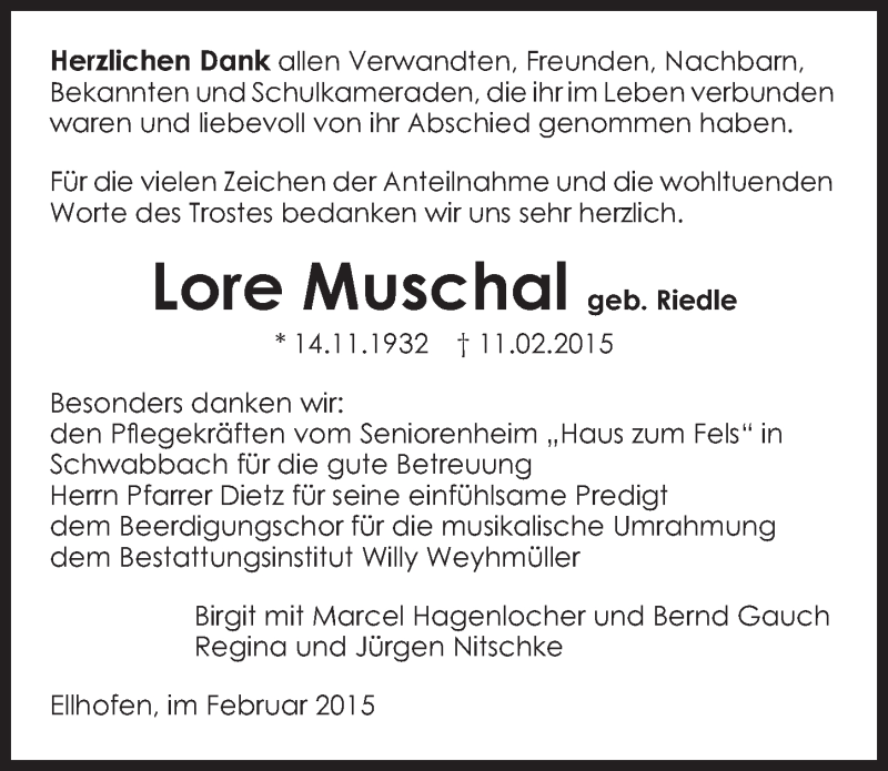  Traueranzeige für Lore Muschal vom 28.02.2015 aus 
