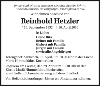 Traueranzeige von Reinhold Hetzler