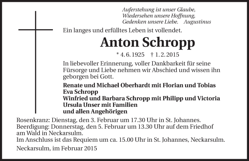  Traueranzeige für Anton Schropp vom 03.02.2015 aus 