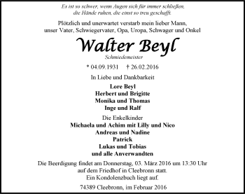 Traueranzeige von Walter Beyl 