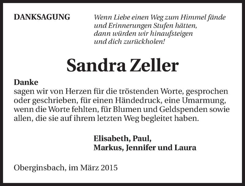  Traueranzeige für Sandra Zeller vom 28.03.2015 aus 